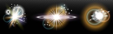 Şeffaf bir arkaplanda parlayan ve parlayan bir ışık efekti. Sihir, gökkuşağı parıltısı, parlayan ışık, yıldızlar, tasarım için optik alevler, fotomontaj, yeni yıl ve tatil projeleri.