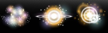 Şeffaf bir arkaplanda parlayan ve parlayan bir ışık efekti. Sihir, gökkuşağı parıltısı, parlayan ışık, yıldızlar, tasarım için optik alevler, fotomontaj, yeni yıl ve tatil projeleri.