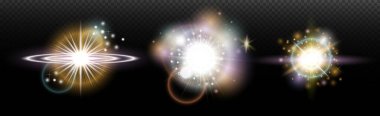 Şeffaf bir arkaplanda parlayan ve parlayan bir ışık efekti. Sihir, gökkuşağı parıltısı, parlayan ışık, yıldızlar, tasarım için optik alevler, fotomontaj, yeni yıl ve tatil projeleri.