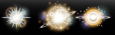 Şeffaf bir arkaplanda parlayan ve parlayan bir ışık efekti. Sihir, gökkuşağı parıltısı, parlayan ışık, yıldızlar, tasarım için optik alevler, fotomontaj, yeni yıl ve tatil projeleri.