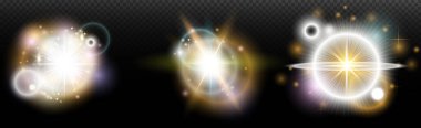 Şeffaf bir arkaplanda parlayan ve parlayan bir ışık efekti. Sihir, gökkuşağı parıltısı, parlayan ışık, yıldızlar, tasarım için optik alevler, fotomontaj, yeni yıl ve tatil projeleri.
