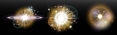 Şeffaf bir arkaplanda parlayan ve parlayan bir ışık efekti. Sihir, gökkuşağı parıltısı, parlayan ışık, yıldızlar, tasarım için optik alevler, fotomontaj, yeni yıl ve tatil projeleri.