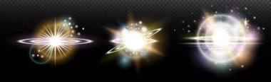 Şeffaf bir arkaplanda parlayan ve parlayan bir ışık efekti. Sihir, gökkuşağı parıltısı, parlayan ışık, yıldızlar, tasarım için optik alevler, fotomontaj, yeni yıl ve tatil projeleri.