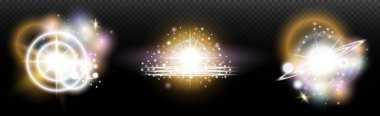 Şeffaf bir arkaplanda parlayan ve parlayan bir ışık efekti. Sihir, gökkuşağı parıltısı, parlayan ışık, yıldızlar, tasarım için optik alevler, fotomontaj, yeni yıl ve tatil projeleri.