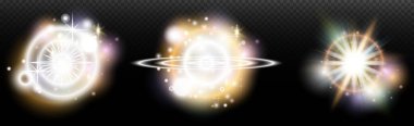 Şeffaf bir arkaplanda parlayan ve parlayan bir ışık efekti. Sihir, gökkuşağı parıltısı, parlayan ışık, yıldızlar, tasarım için optik alevler, fotomontaj, yeni yıl ve tatil projeleri.
