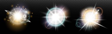 Şeffaf bir arkaplanda parlayan ve parlayan bir ışık efekti. Sihir, gökkuşağı parıltısı, parlayan ışık, yıldızlar, tasarım için optik alevler, fotomontaj, yeni yıl ve tatil projeleri.