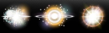 Şeffaf bir arkaplanda parlayan ve parlayan bir ışık efekti. Sihir, gökkuşağı parıltısı, parlayan ışık, yıldızlar, tasarım için optik alevler, fotomontaj, yeni yıl ve tatil projeleri.