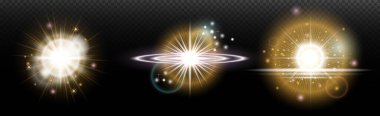 Şeffaf bir arkaplanda parlayan ve parlayan bir ışık efekti. Sihir, gökkuşağı parıltısı, parlayan ışık, yıldızlar, tasarım için optik alevler, fotomontaj, yeni yıl ve tatil projeleri.
