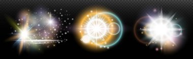 Şeffaf bir arkaplanda parlayan ve parlayan bir ışık efekti. Sihir, gökkuşağı parıltısı, parlayan ışık, yıldızlar, tasarım için optik alevler, fotomontaj, yeni yıl ve tatil projeleri.