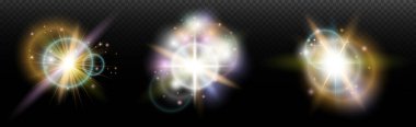 Şeffaf bir arkaplanda parlayan ve parlayan bir ışık efekti. Sihir, gökkuşağı parıltısı, parlayan ışık, yıldızlar, tasarım için optik alevler, fotomontaj, yeni yıl ve tatil projeleri.