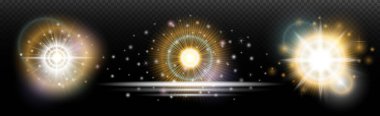 Şeffaf bir arkaplanda parlayan ve parlayan bir ışık efekti. Sihir, gökkuşağı parıltısı, parlayan ışık, yıldızlar, tasarım için optik alevler, fotomontaj, yeni yıl ve tatil projeleri.