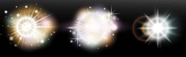 Şeffaf bir arkaplanda parlayan ve parlayan bir ışık efekti. Sihir, gökkuşağı parıltısı, parlayan ışık, yıldızlar, tasarım için optik alevler, fotomontaj, yeni yıl ve tatil projeleri.