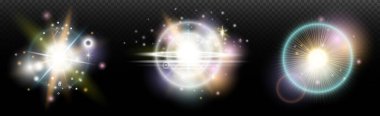 Şeffaf bir arkaplanda parlayan ve parlayan bir ışık efekti. Sihir, gökkuşağı parıltısı, parlayan ışık, yıldızlar, tasarım için optik alevler, fotomontaj, yeni yıl ve tatil projeleri.