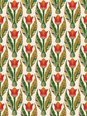 Laleler. Dekoratif çiçekler ve folklorik sanat tarzında yapraklarla kusursuz çiçek deseni. Geleneksel motiflerden esinlenilmiş klasik süsleme baskısı. Tekstil, duvar kâğıtları ve kırtasiye malzemeleri için mükemmel..
