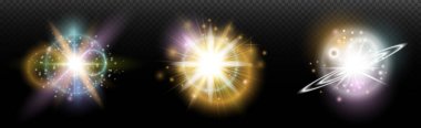 Şeffaf bir arkaplanda parlayan ve parlayan bir ışık efekti. Sihir, gökkuşağı parıltısı, parlayan ışık, yıldızlar, tasarım için optik alevler, fotomontaj, yeni yıl ve tatil projeleri.