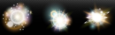 Şeffaf bir arkaplanda parlayan ve parlayan bir ışık efekti. Sihir, gökkuşağı parıltısı, parlayan ışık, yıldızlar, tasarım için optik alevler, fotomontaj, yeni yıl ve tatil projeleri.