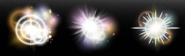 Şeffaf bir arkaplanda parlayan ve parlayan bir ışık efekti. Sihir, gökkuşağı parıltısı, parlayan ışık, yıldızlar, tasarım için optik alevler, fotomontaj, yeni yıl ve tatil projeleri.