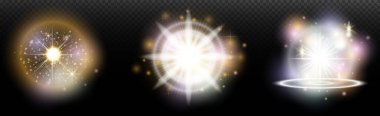 Şeffaf bir arkaplanda parlayan ve parlayan bir ışık efekti. Sihir, gökkuşağı parıltısı, parlayan ışık, yıldızlar, tasarım için optik alevler, fotomontaj, yeni yıl ve tatil projeleri.