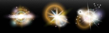 Şeffaf bir arkaplanda parlayan ve parlayan bir ışık efekti. Sihir, gökkuşağı parıltısı, parlayan ışık, yıldızlar, tasarım için optik alevler, fotomontaj, yeni yıl ve tatil projeleri.
