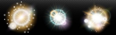 Şeffaf bir arkaplanda parlayan ve parlayan bir ışık efekti. Sihir, gökkuşağı parıltısı, parlayan ışık, yıldızlar, tasarım için optik alevler, fotomontaj, yeni yıl ve tatil projeleri.