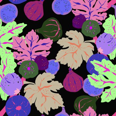 İncir dalları, stilize yapraklar ve meyveler içeren pürüzsüz desenler. Zarif botanik süsü ve sanatsal detaylar. Tekstil, ambalaj, duvar kağıdı ve tasarım projeleri için mükemmel..