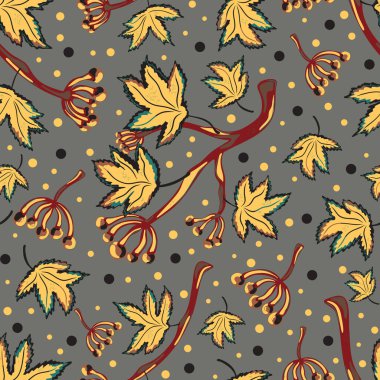 Üzüm dalları, yapraklar ve böğürtlen kümeleriyle kusursuz desen. Sonbahar botanik süsü ve sıcak doğal renk paleti. Tekstil, ambalaj ve duvar kağıdı tasarımı için mükemmel..