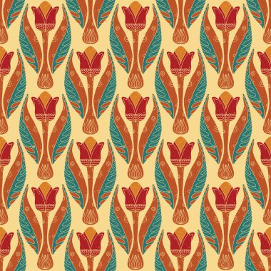 Dekoratif çiçekler ve folklorik sanat tarzında yapraklarla kusursuz çiçek deseni. Geleneksel motiflerden esinlenilmiş klasik süsleme baskısı. Tekstil, duvar kâğıtları ve kırtasiye malzemeleri için mükemmel..