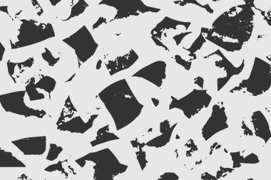 Yıkım efektli soyut arkaplan dokusu, mürekkep lekeleri, grunge. Tehlike örtüsü, kaba, kirli duvar konsepti. Siyah, gri. Yıpranmış, yıpranmış, yıpranmış. Vektör arkaplanı