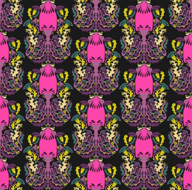 Dekoratif mürekkep balığı desenli, biçimlendirilmiş süs tasarımı. Zarif çizgiler, desenli detaylar ve deniz teması tekstil, duvar kâğıdı ve ambalaj için muhteşem bir retro tarzı oluşturur..