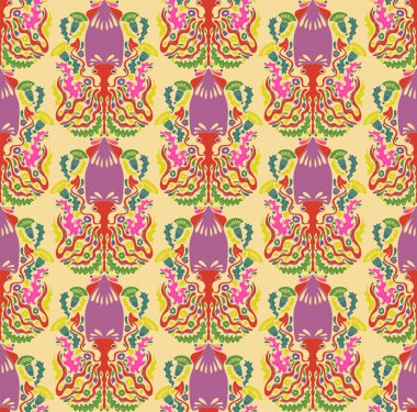 Dekoratif mürekkep balığı desenli, biçimlendirilmiş süs tasarımı. Zarif çizgiler, desenli detaylar ve deniz teması tekstil, duvar kâğıdı ve ambalaj için muhteşem bir retro tarzı oluşturur..