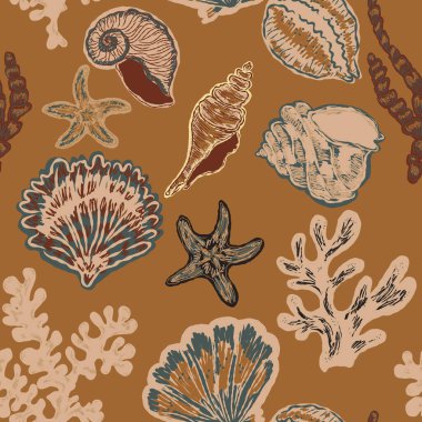 Elle boyanmış deniz kabukları ve dışavurumcu tarzıyla kusursuz deniz yıldızı deseni, dokulu çizgiler ve yaz tasarımları ve kumaşları için sanatsal kıyı atmosferi..