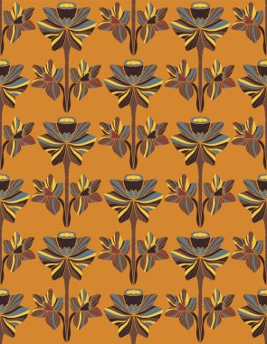 Narcissus. Dekoratif çiçekler ve folklorik sanat tarzında yapraklarla kusursuz çiçek deseni. Geleneksel motiflerden esinlenilmiş klasik süsleme baskısı. Tekstil, duvar kağıdı ve kırtasiye için ideal.