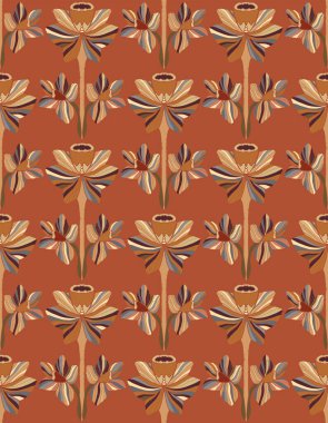 Narcissus. Dekoratif çiçekler ve folklorik sanat tarzında yapraklarla kusursuz çiçek deseni. Geleneksel motiflerden esinlenilmiş klasik süsleme baskısı. Tekstil, duvar kağıdı ve kırtasiye için ideal.