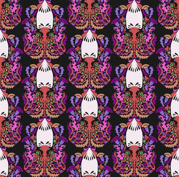 Dekoratif mürekkep balığı desenli, biçimlendirilmiş süs tasarımı. Zarif çizgiler, desenli detaylar ve deniz teması tekstil, duvar kâğıdı ve ambalaj için muhteşem bir retro tarzı oluşturur..