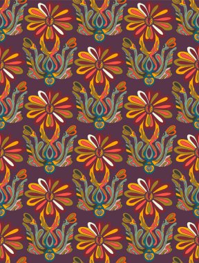 Dekoratif çiçekler ve folklorik sanat tarzında yapraklarla kusursuz çiçek deseni. Geleneksel motiflerden esinlenilmiş klasik süsleme baskısı. İskandinav tarzı, etnik motif