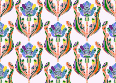 Kusursuz desenli, stilize çiçekler ve folklorik sanat tarzında yapraklar. Geleneksel motiflerden esinlenilmiş klasik botanik baskı. Çağdaş linocut esinlenilmiş süs tasarımı