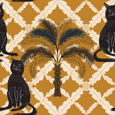 Avuçlar ve kediler. Egzotik, tropik, pürüzsüz desen. Eskiz ögeleri ile modern retro biçimi.