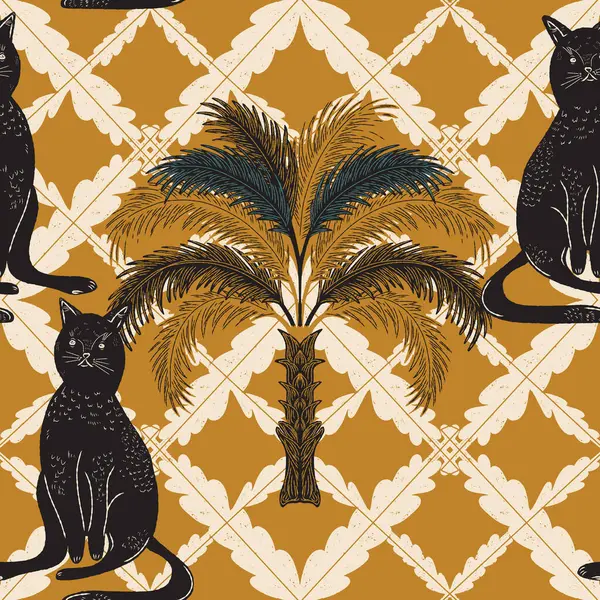 Avuçlar ve kediler. Egzotik, tropik, pürüzsüz desen. Eskiz ögeleri ile modern retro biçimi.