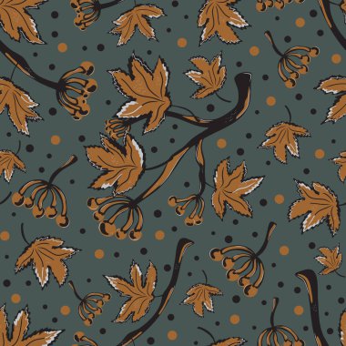 Üzüm dalları, yapraklar ve böğürtlen kümeleriyle kusursuz desen. Sonbahar botanik süsü ve sıcak doğal renk paleti. Tekstil, ambalaj ve duvar kağıdı tasarımı için mükemmel..