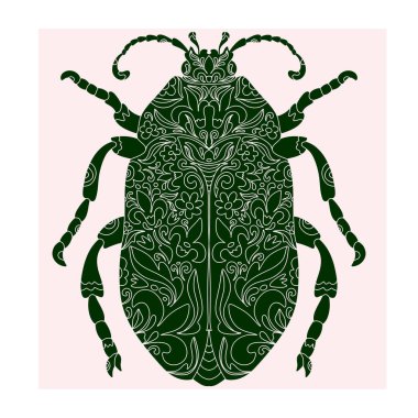 Botanik kesim desenli böcek, linocut tarzı, detaylı baskı, doğal motifler.