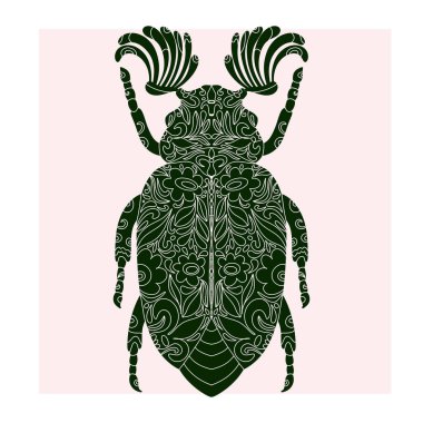 Botanik kesim desenli böcek, linocut tarzı, detaylı baskı, doğal motifler.