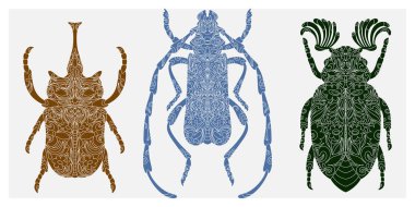 Botanik kesim desenli böcek, linocut tarzı, detaylı baskı, doğal motifler.