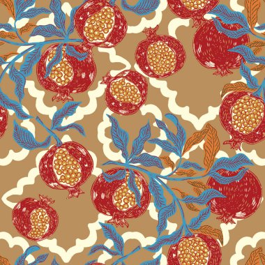 Nar ve yapraklarla kusursuz meyve deseni. Klasik tarz, el çizimi, Akdeniz doğasından esinlenilmiş, çizim elementleriyle illüstrasyon