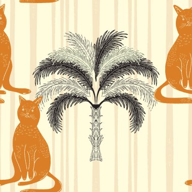 Avuçlar ve kediler. Egzotik, tropik, pürüzsüz desen. Eskiz ögeleri ile modern retro biçimi.