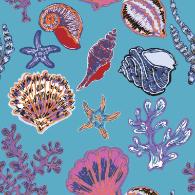Elle boyanmış deniz kabukları ve dışavurumcu tarzıyla kusursuz deniz yıldızı deseni, dokulu çizgiler ve yaz tasarımları ve kumaşları için sanatsal kıyı atmosferi..