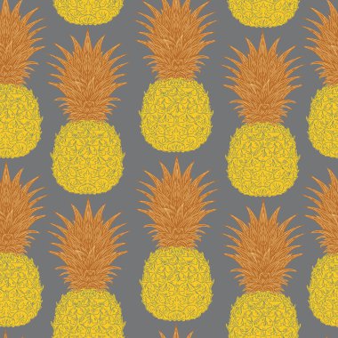 Klasik eskiz tarzında kusursuz el yapımı ananas deseni. Tropikal ve Akdeniz atmosferi. Tekstil, duvar kağıdı, ambalaj, ev dekorasyonu ve yüzey tasarımı için mükemmel..