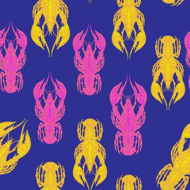 Elle çizim tekniğiyle yapılmış ıstakozlarla kusursuz desen. Akdeniz atmosferli klasik tropikal tarzda. Tekstil, duvar kağıdı, ambalaj, tasarım ve dekor için ideal.