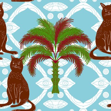 Avuçlar ve kediler. Egzotik, tropik, pürüzsüz desen. Eskiz ögeleri ile modern retro biçimi.