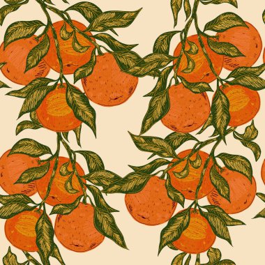 Mandallı mandalinalar. Eskiz öğeleriyle retro tarzında modern illüstrasyon. Akdeniz 'den esinlenilmiş kusursuz desen