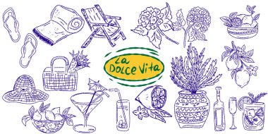 Akdeniz yaşam tarzından esinlenerek çizilmiş tuhaf bir çizim. Yiyecek, içecek, çiçek, yaz dekorasyonu ve seyahat unsurlarını içerir. Markalaşma, ambalaj, parmak izi ve çıkartmalar için mükemmel..